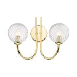 Jared 2 Light G9 Polished Gold Wall Light With Pull Cord C/W Clear Twisted Style Closed Glass Shades