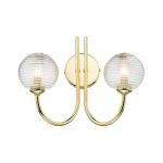 Jared 2 Light G9 Polished Gold Wall Light With Pull Cord C/W Clear Closed Ribbed Glass Shades