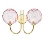 Jared 2 Light G9 Polished Gold Wall Light With Pull Cord C/W Pink Dimpled Glass Shades