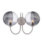 Jared 2 Light G9 Satin Nickel Wall Light With Pull Cord C/W 15cm Smoked & Clear Ribbed Glass Shades