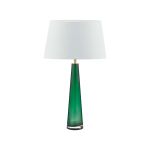 Samara 1 Light E27 Green Glass Table Lamp With Inline Switch C/W Cezanne White Faux Silk Tapered 35cm Drum Shade
