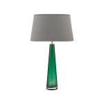 Samara 1 Light E27 Green Glass Table Lamp With Inline Switch C/W Cezanne Grey Faux Silk Tapered 35cm Drum Shade