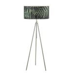 Ska 1 Light E27 Polished Chrome Adjustable Tripod Floor Lamp With Foot Switch C/W Bamboo Green Leaf Cotton 49cm Drum Shade