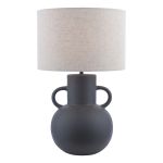 Urn 1 Light E27 Black Ceramic Table Lamp With Inline Switch C/W Natural Linen 32cm Drum Shade