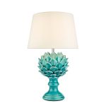 Violetta 1 Light E27 Blue Ceramic Table Lamp With Inline Switch C/W Grey Linen Tapered 30cm Drum Shade