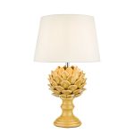 Violetta 1 Light E27 Yellow Ceramic Table Lamp With Inline Switch C/W Grey Linen Tapered 30cm Drum Shade