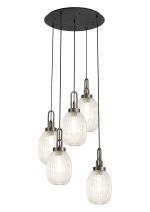 Vista Round 5 Light Pendant With 20cm Almond Ribbed Glass, Antique Silver/Matt Black Champagne