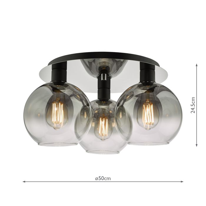 DAR Lycia 3 Light E27 Matt Black Semi Flush Ceiling Light with