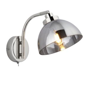 Caspa 1 Light E14 Bright Nickel Wall Light With An Adjustable Head & Toggle Switch C/W Smoked Mirrored Glass Shade