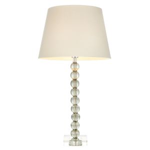 Adelie 1 Light E14 Table Lamp Nickel With Grey Green Crystal Glass With Inline Switch C/W Cici 12" Ivory Linen Mix Fabric Shade