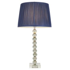 Adelie 1 Light E14 Table Lamp Nickel With Grey Green Crystal Glass With Inline Switch C/W Wentworth 12" Tapered Midnight Blue Silk Shade