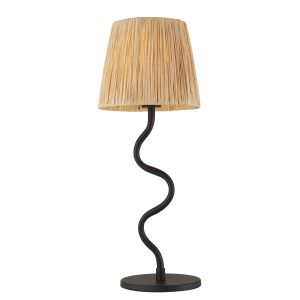 Wriggle 1 Light E14 Matt Black Table Lamp With Inline Switch C/W Natural Raffia Tapered Shade