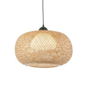 Bali 1 Light E27 Matt Black Adjustable Pendant With Natural Bamboo Woven Shade With White Inner Diffuser