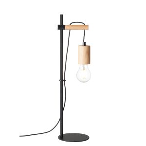 Sven 1 Light E27 Matt Black Table Lamp With Natural Light Wood Detail C/W Inline Switch