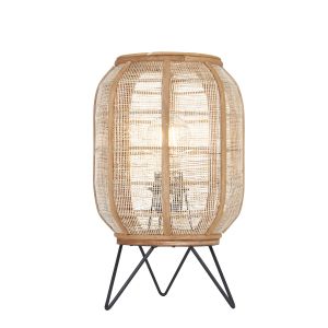 Zaire 1 Light E27 Matt Black Table Lamp With Handmade Natural Linen Fabric & Bamboo Shade With Inline Switch