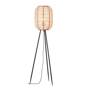 Zaire 1 Light E27 Matt Black Floor Lamp With Handmade Natural Linen Fabric & Bamboo Shade With Inline Foot Switch