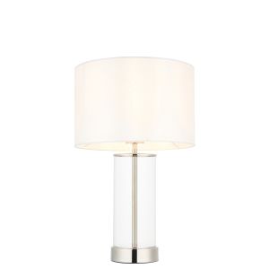 Lessina 1 Light E27 Bright Nickel Table Lamp With Clear Cylindrical Glass Base With Inline Switch C/W Vintage White Fabric Drum Shade