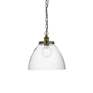 Hansen 1 Light E27 Antique Brass Retro Style Adjustable Pendant With Knurled Lamp Holder Details C/W Clear Glass Shade