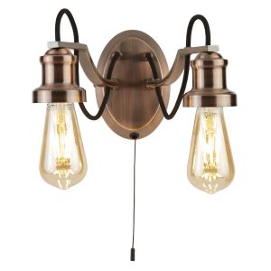 Olivia 2 Light Wall Light, Black Braided Fabric Cable, Antique Copper