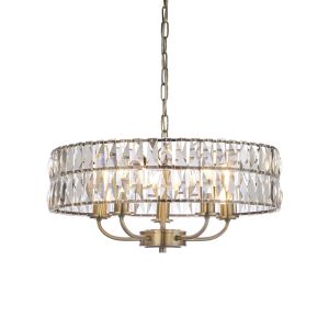 Clifton 5 Light E14 Antique Brass Adjustable Pendant With Decorative Clear Cut Faceted Glass