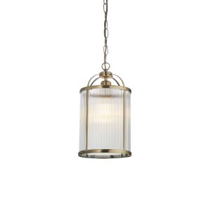 Lambeth 1 Light E27 Antique Brass Adjustable Lantern Pendant With Clear Ribbed Glass Panels