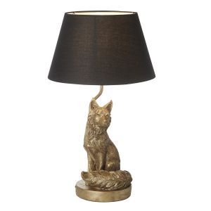 Fox 1 Light E27 Vintage Gold Table Lamp With Inline Switch C/W Black Tapered Fabric Shade