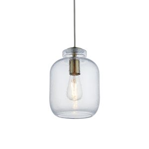 Lyra 1 Light E27  Antique Brass Adjustable Pendant Light With Clear Textured Glass Shade