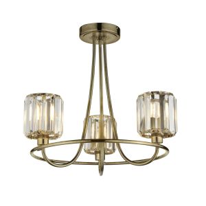 Berenice 3 Light E14 Antique Brass Semi Flush Ceiling Light With Decorative Clear Cut Faceted Glass Shades