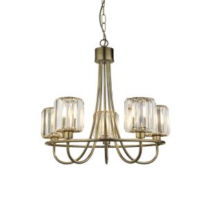 Berenice 5 Light E14 Antique Brass Adjustable Pendant Light With Decorative Clear Cut Faceted Glass Shades