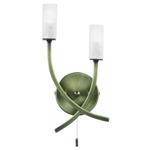Havana 2 Light G9 Antique Brass Wall Light With Pull Cord Switch C/W Frosted Glass Shades