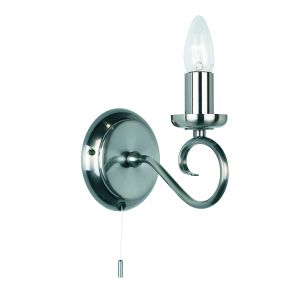 Trafford 1 Light E14 Antique Silver Wall Light With Pull Cord Switch