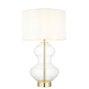 Moma 1 Light E27 Satin Brass & Clear Shaped Glass Table Lamp With 3 Stage Touch Dimmer Switch C/W Vintage White Fabric Shade