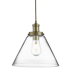 Pyramid 1 Light Pendant, Antique Brass, Clear Pyramid Glass Shade