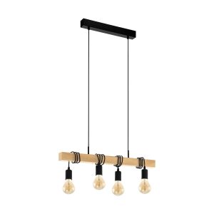 Townshend 4 Light E27 Wood Adjustable Pendant With Black Cable & Lampholders