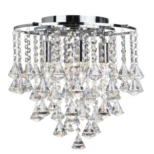Dorclester - 4 Light Flush Ceiling, Chrome With Clear Crystal Buttons & Pyramid Drops