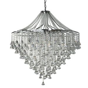 Dorclester - 7 Light Ceiling, Chrome With Clear Crystal Buttons & Pyramid Drops