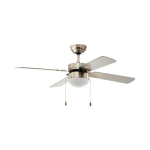 Gelsina 42" E14 Satin Nickel 3 Speed 4 Blade Ceiling Fan With Pull Cord & Glass Dome Shade