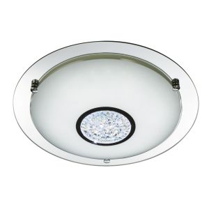 IP44 LED Flush (Diameter 31cm) - Chrome, Mirror Pilot, White Glass Shade, Crystal Inner Deco
