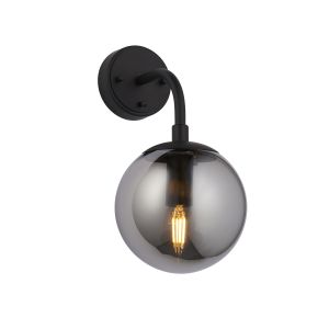 Concetto 1 Light E14 Matt Black Toggle Switched Wall Light With Smoked Mirror Glass Globe Shade