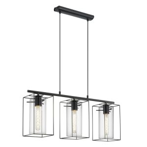 Loncino 3 Light E27 Black Adjustable Linear Pendant With Clear Glass Inner Shade
