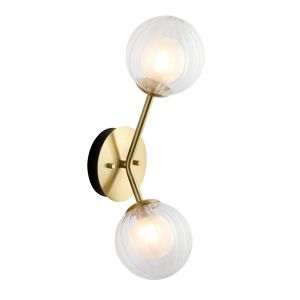 Duri 2 Light G9 Satin Brass Wall Light With Clear Ribbed & Frosted Glass Globe Shades