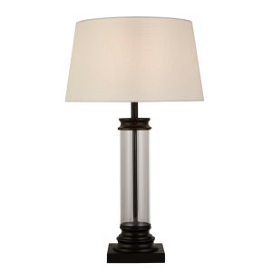 Pedestal 1 Light E27 Table Lamp Black Metal And Glass With Fabric Shade