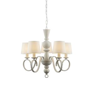 Chess 5 Light E27 Aged White Adjustable Traditional Pendant With Vintage White Fabric Tapered Shades