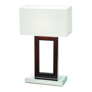 Portal 1 Light E27 Dark Wood & Polished Chrome Table Lamp With Inline Switch C/W Cream Faux Shade