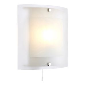 Blok 1 Light E14 Square Glass Wall Light With Polished Chrome Clips With Pull Cord Switch C/W Clear & Frosted Glass