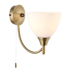 Alton 1 Light E14 Antique Brass Wall Light With Pull Cord Switch C/W Matt Opal Glass Shades