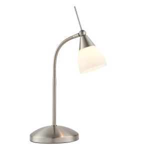 Range 1 Light G9 Satin Chrome Adjustable 3 Stage Touch Table Lamp With White Glass Shade