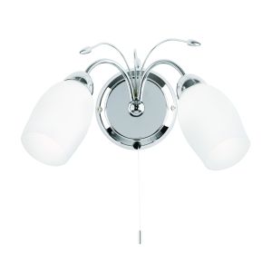 Meadow 2 Light E14 Polished Chrome Wall Light With Pull Cord Switch C/W White Glass Shades