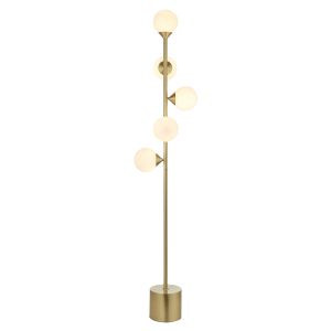 Gennaro 5 Light G9 Satin Brushed Gold Floor Light With In-Line Switch C/W Gloss Opal Glass Shades