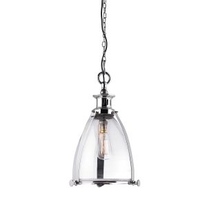 Storni 1 Light E27 Polished Nickel Large Adjustable Ceiling Pendant With Clear Glass